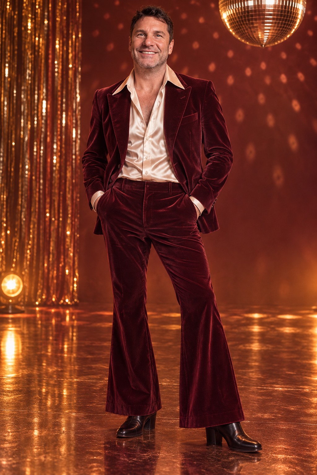 Brian wearing a burgundy velvet suit with a champagne satin shirt and black boots.